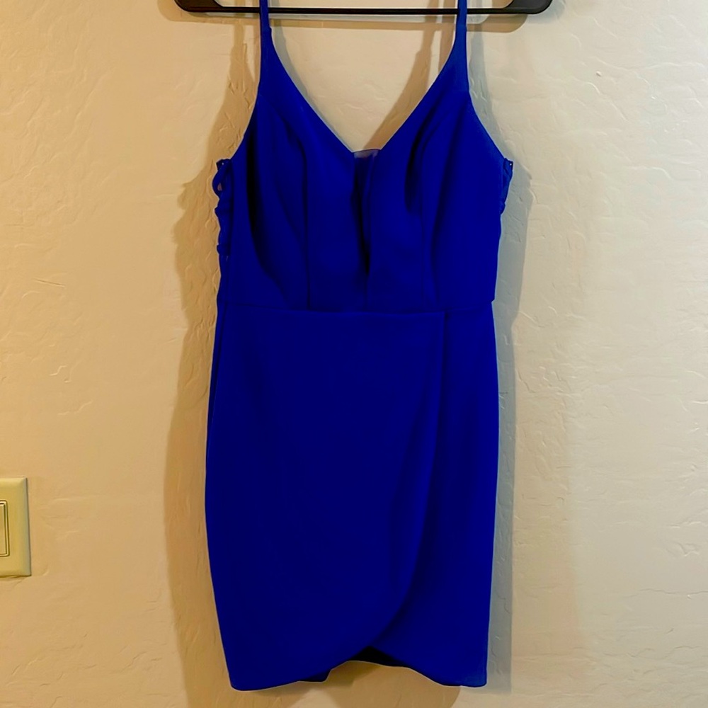 Blue mini dress with mesh cleavage and mesh back